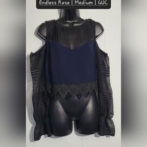 Endless Rose Black and Navy Lace Sleeve Crop Top